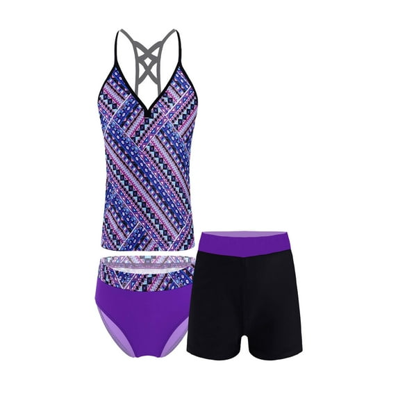 YONGHS Kids Girls 3-Piece Tankini Sets Swimsuit Top with Briefs Shorts Set Swimwear Bathing Suit