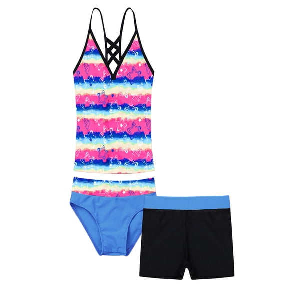 YONGHS Kids Girls 3-Piece Tankini Sets Swimsuit Top with Briefs Shorts Set Swimwear Bathing Suit