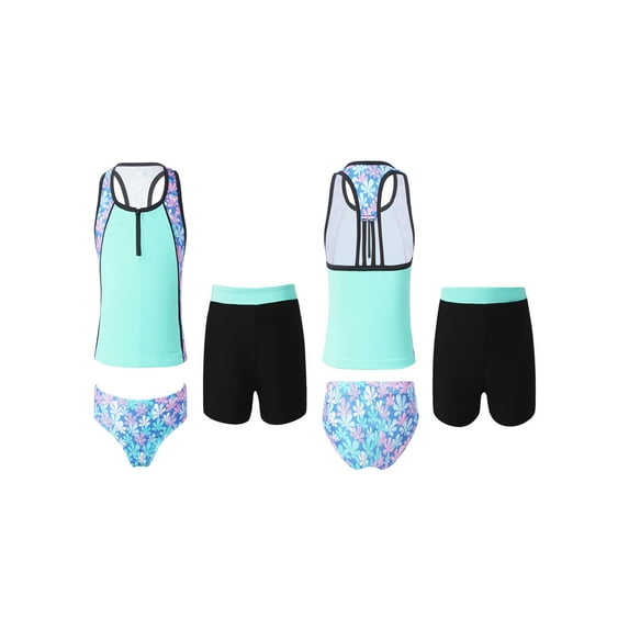 YONGHS Kids Girls 3 Piece Tankini Swimsuit Floral Print Top with Boyshorts Bottoms Swimwear 4-16 A Colorful Floral 6