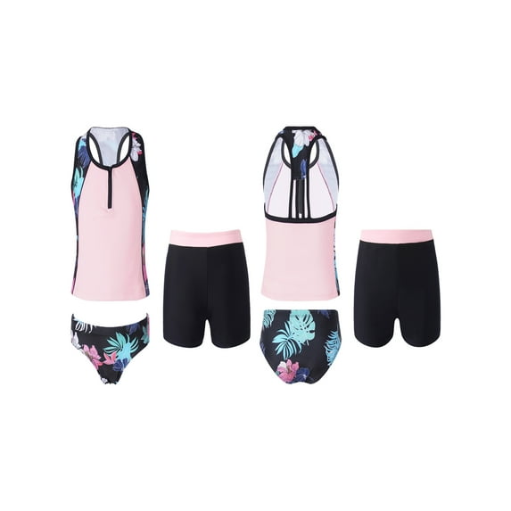 YONGHS Kids Girls 3 Piece Tankini Swimsuit Floral Print Top with Boyshorts Bottoms Swimwear 4-16 Black Floral 16