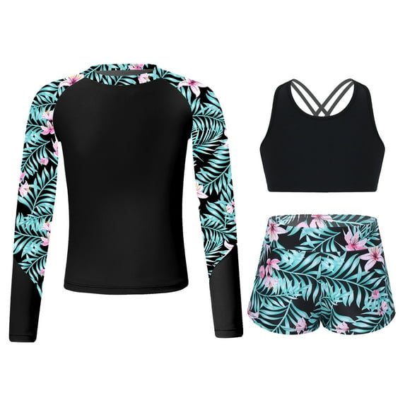 YONGHS Kids Girls 3 Piece Tankini Swimsuits Long Sleeve Rashguard Swimwear Set UPF 50+ Black 10