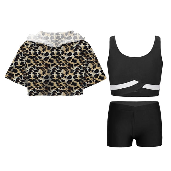 YONGHS Kids Girls 3pcs Dance Gymnastic Athletic Tracksuit Hooded with Tank Top Active Shorts Set Black 12