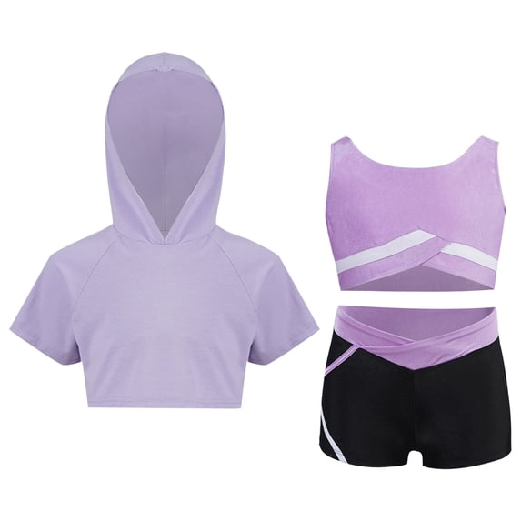 YONGHS Kids Girls 3pcs Dance Gymnastic Athletic Tracksuit Hooded with Tank Top Active Shorts Set Light Purple 10