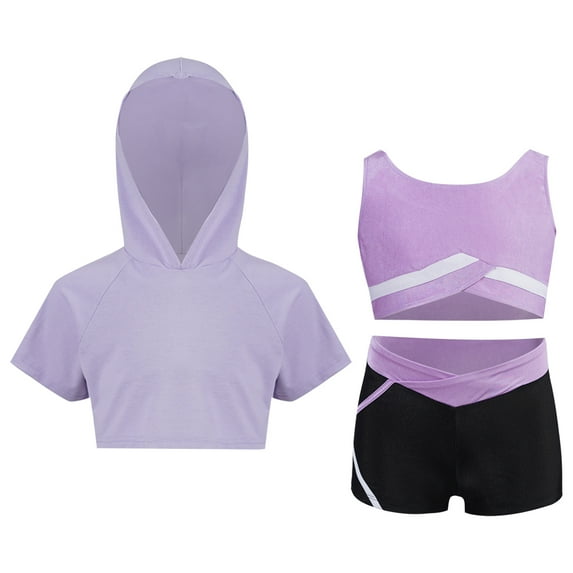 YONGHS Kids Girls 3pcs Dance Gymnastic Athletic Tracksuit Hooded with Tank Top Active Shorts Set Light Purple 14