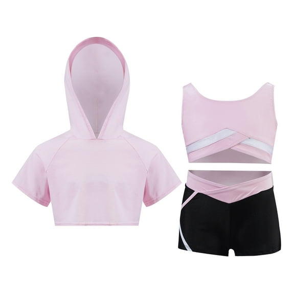 YONGHS Kids Girls 3pcs Dance Gymnastic Athletic Tracksuit Hooded with Tank Top Active Shorts Set Pink 6