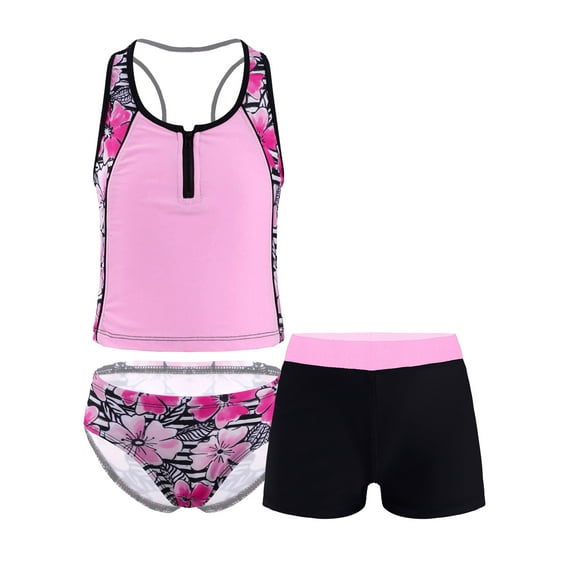 YONGHS Kids Girls 3pcs Tankini Swimsuits Racerback Tank Top with Bottoms Bathing Suit Pink 6