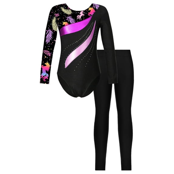 YONGHS Kids Girls Athletic Active Tracksuit Dance Outfits Long Sleeve Leotard with Legging Pants Set Leaves 8