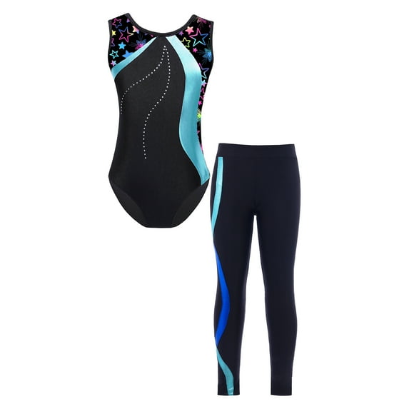 YONGHS Kids Girls Athletic Gymnastic Outfit Leotard with Leggings Set 6-14