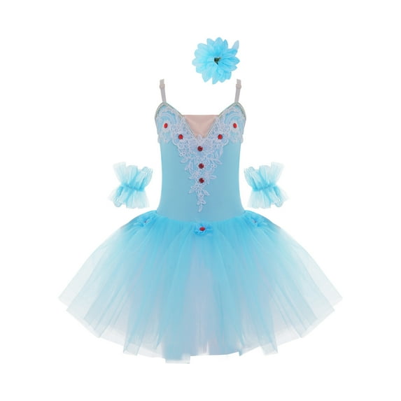 YONGHS Kids Girls Ballet Camisole Skirted Leotard Ballerina Princess Tutu Dress with Arm Sleeves Light Blue 13-14