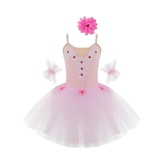 YONGHS Kids Girls Ballet Camisole Skirted Leotard Ballerina Princess Tutu Dress with Arm Sleeves Pink 13-14