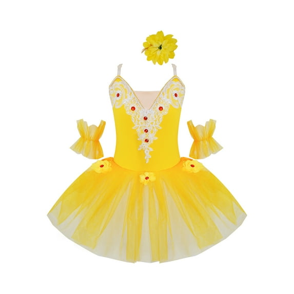 YONGHS Kids Girls Ballet Camisole Skirted Leotard Ballerina Princess Tutu Dress with Arm Sleeves Yellow 5-6