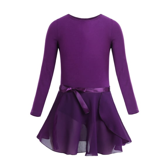 YONGHS Kids Girls Ballet Dance Dress Long Sleeve Gymnastic Leotard with Chiffon Wrap Skirt Ballerina Costume Dark Purple 8-10