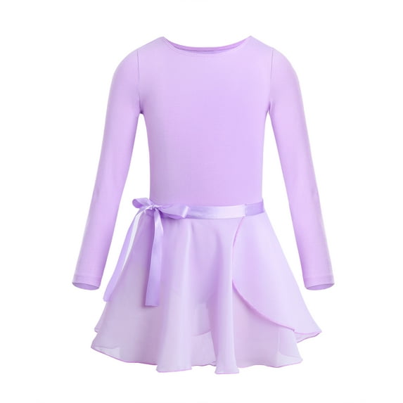 YONGHS Kids Girls Ballet Dance Dress Long Sleeve Gymnastic Leotard with Chiffon Wrap Skirt Ballerina Costume Lavender 10-12
