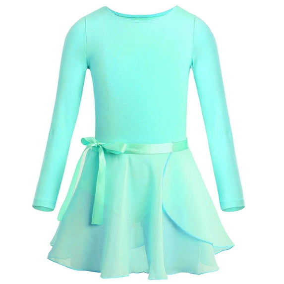 YONGHS Kids Girls Ballet Dance Dress Long Sleeve Gymnastic Leotard with Chiffon Wrap Skirt Ballerina Costume Mint Green 7-8
