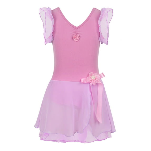 YONGHS Kids Girls Ballet Dance Leotard Flutter Sleeve A-line Dress Gymnastics Bodysuit 2-12 A Purple 3-4