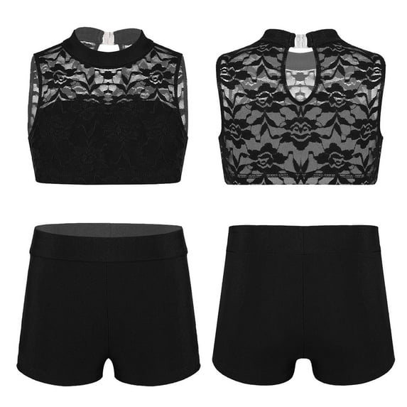 YONGHS Kids Girls Ballet Dance Leotard Sport Tracksuits Lace Crop Top with Bootyshorts Set Black 10