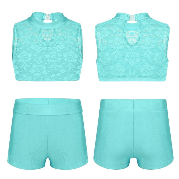 YONGHS Kids Girls Ballet Dance Leotard Sport Tracksuits Lace Crop Top with Bootyshorts Set Mint_Green 12
