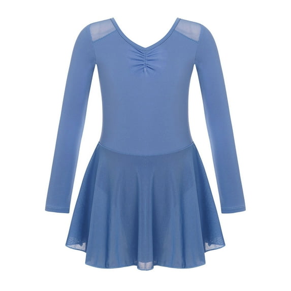 YONGHS Kids Girls Ballet Dance Leotard Tutu Dress Long Sleeve Gymnastics Dancewear Blue 7-8