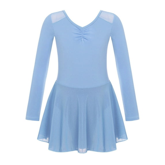 YONGHS Kids Girls Ballet Dance Leotard Tutu Dress Long Sleeve Gymnastics Dancewear Light Blue 9-10