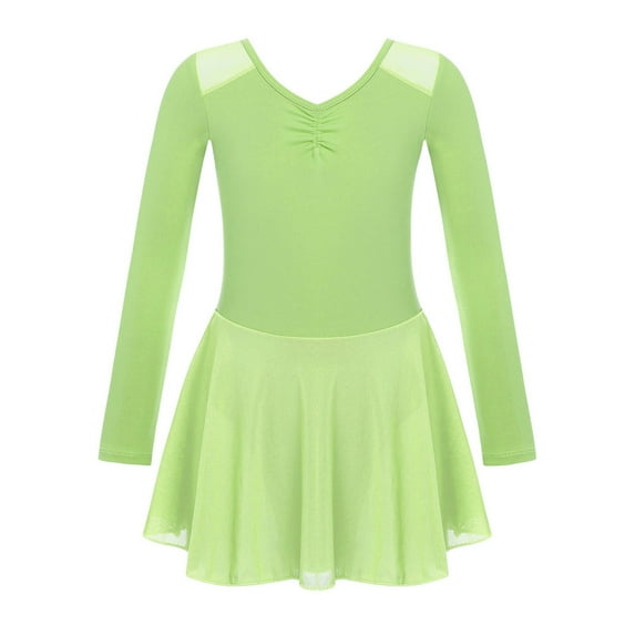 YONGHS Kids Girls Ballet Dance Leotard Tutu Dress Long Sleeve Gymnastics Dancewear Light Green 5-6