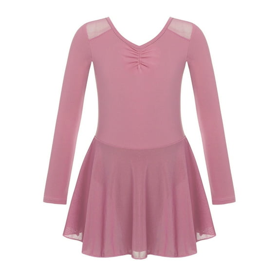 YONGHS Kids Girls Ballet Dance Leotard Tutu Dress Long Sleeve Gymnastics Dancewear Pink 9-10