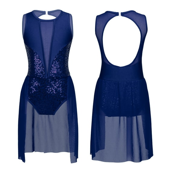 YONGHS Kids Girls Ballet Dance Lyrical Dress Sequins Sleeveless Leotards Skirted Dark Blue 14