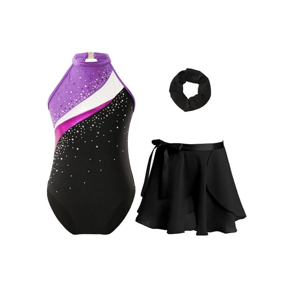 YONGHS Kids Girls Ballet Dance Outfits Gymnastic Sleevelesss Leotard with Chiffon Skirt Hair Band Set Purple 6