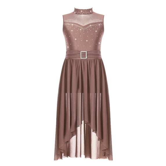 YONGHS Kids Girls Ballet Lyrical Dance Dress Sleeveless Rhinestones Figure Skating Leotard Brown 12