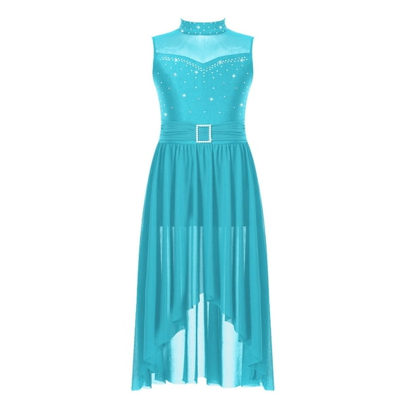 YONGHS Kids Girls Ballet Lyrical Dance Dress Sleeveless Rhinestones Figure Skating Leotard Turquoise 16
