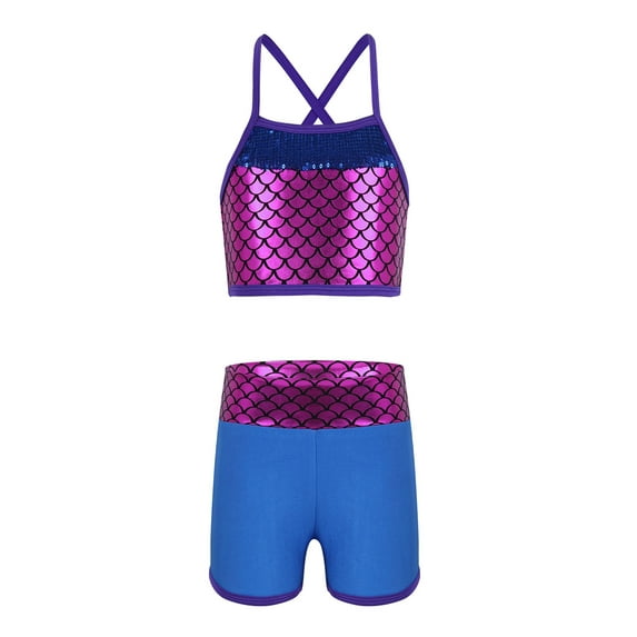 YONGHS Kids Girls Ballet Sequins Mermaid Tank Crop Top Shorts Set Tankini Swimwear 4-14