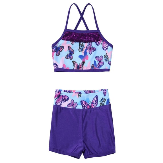 YONGHS Kids Girls Ballet Sequins Mermaid Tank Crop Top Shorts Set Tankini Swimwear 4-14