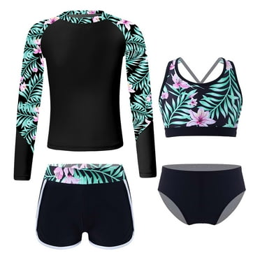 Yruioon Girls 4-Piece Swimsuit Set – Tankini Bikini With Long Sleeve Rash Guard, Shorts & Briefs