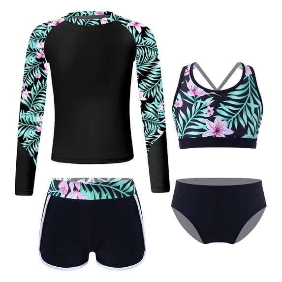 YONGHS Kids Girls Bathing Suit Swimsuit Swimwear Long Sleeve Rashguard UPF 50+ UV Bikini Tankini Set Black 16