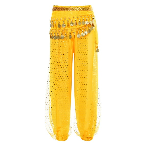 YONGHS Kids Girls Belly Dance Harem Pants Tribal Arabic Pilates Hippie Dance Trousers with Hip Scarf Yellow 7-9