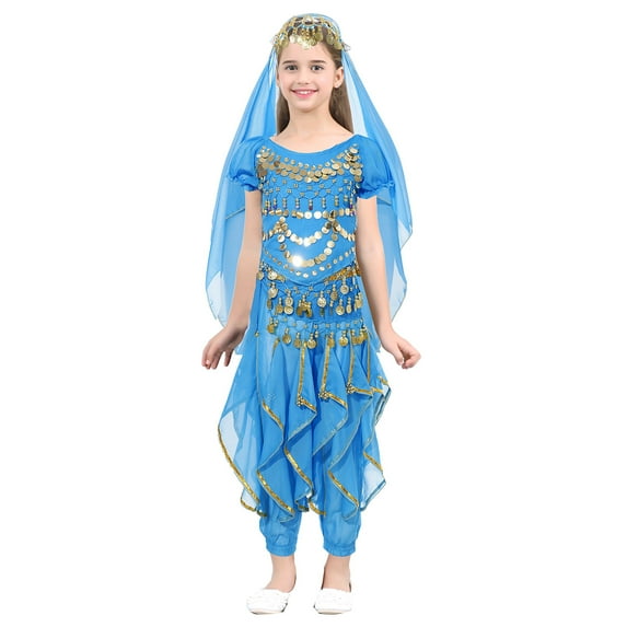 YONGHS Kids Girls Belly Dance Performance Cosplay Costume Crop Top with Pants Head Veil Set Sky Blue 5-7
