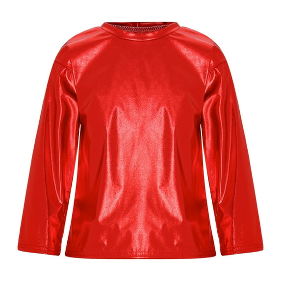 YONGHS Kids Girls Boys Metallic Shiny Shirt Blouse Jazz Dance Stage Performance Tops Red 5-6