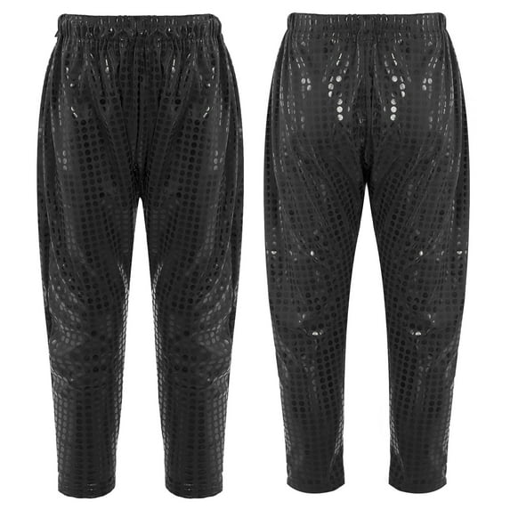 YONGHS Kids Girls Boys Shiny Metallic Dance Harem Pants Jazz Hip Hop Trousers A Black 2-3