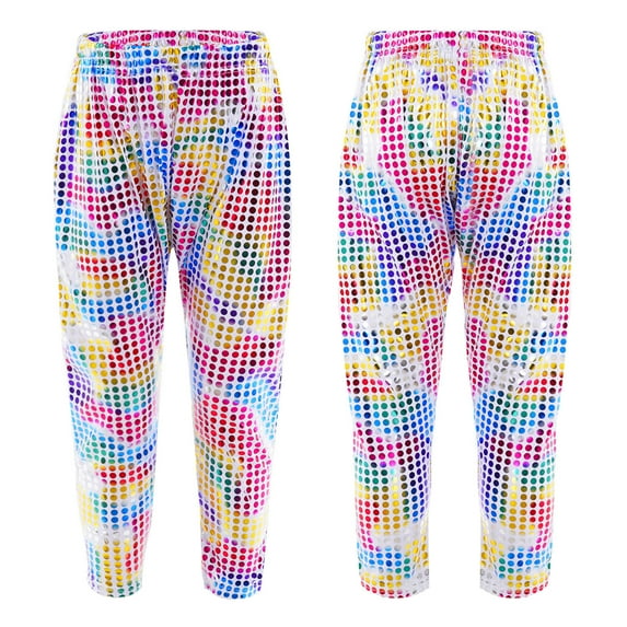 YONGHS Kids Girls Boys Shiny Metallic Dance Harem Pants Jazz Hip Hop Trousers Colorful 13-14