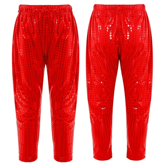 YONGHS Kids Girls Boys Shiny Metallic Dance Harem Pants Jazz Hip Hop Trousers Red 3-4