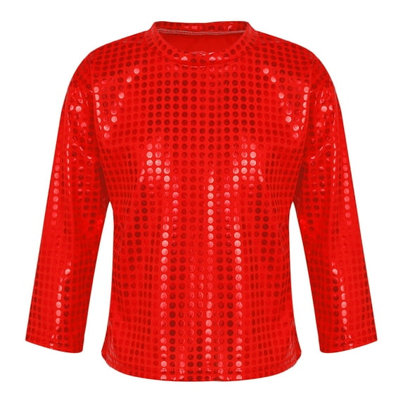 YONGHS Kids Girls Boys Shiny Sequins Dance Crop Tops T-Shirt Dancewer Jazz Hip-Hop Costume Red 11-12