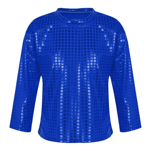 YONGHS Kids Girls Boys Shiny Sequins Dance Crop Tops T-Shirt Dancewer Jazz Hip-Hop Costume Royal Blue 2-3