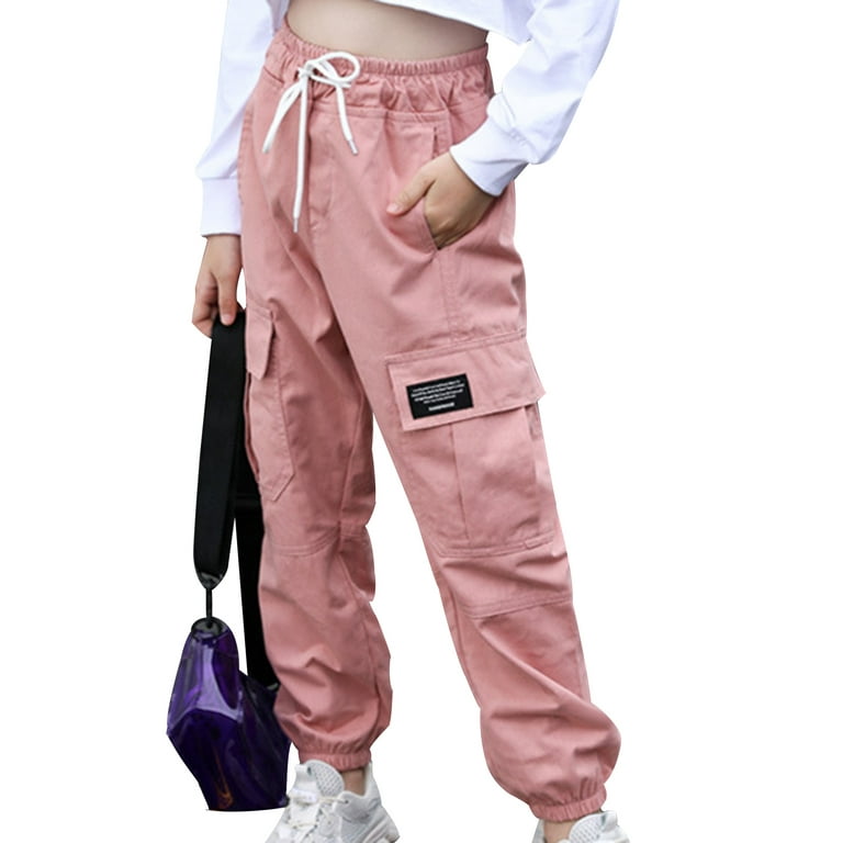 YONGHS Kids Girls Cargo Pants Casual Long Trousers Solid Color Sweatpants A  Pink 8