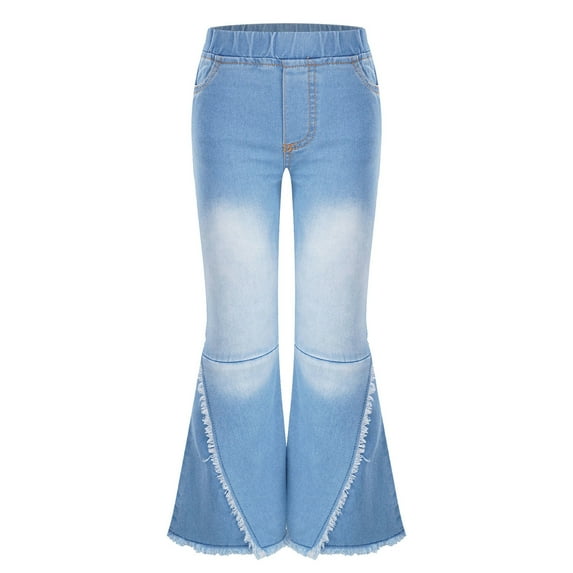 YONGHS Kids Girls Casual Denim Jeans Bell Bottom Flare Pants High Waist Ruffled Trousers 4-14 Light Blue 10