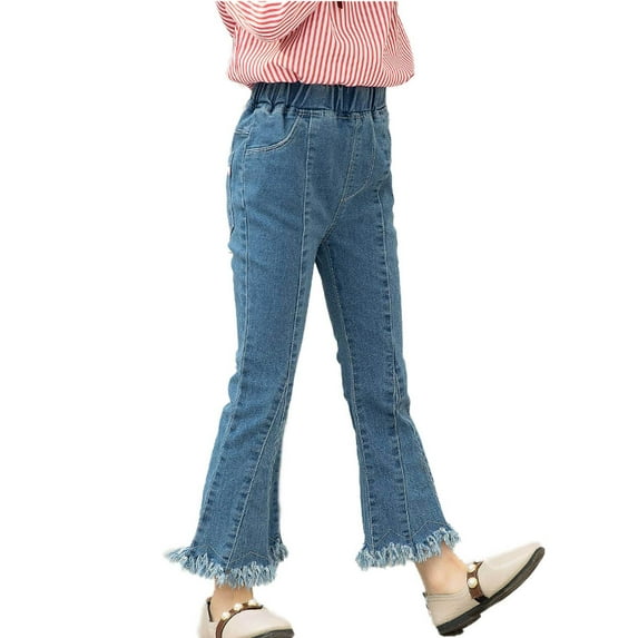 YONGHS Kids Girls Casual Tassel Bell Bottom Jeans Denim Pants Trouser 3-14