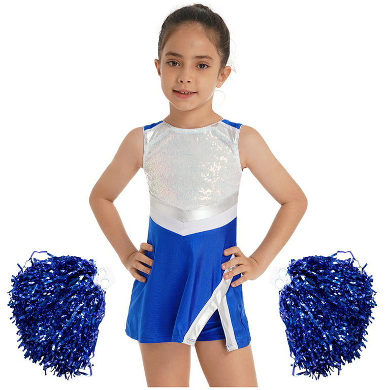 YONGHS Kids Girls Cheer Leader Outfit Cheerleading Dance Dress with Shorts  Pom Poms A Royal Blue 10
