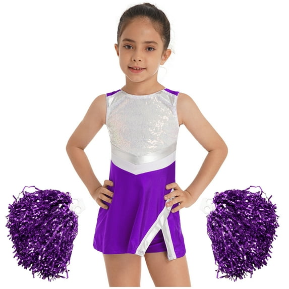 YONGHS Kids Girls Cheer Leader Outfit Cheerleading Dance Dress with Shorts Pom Poms Purple 12
