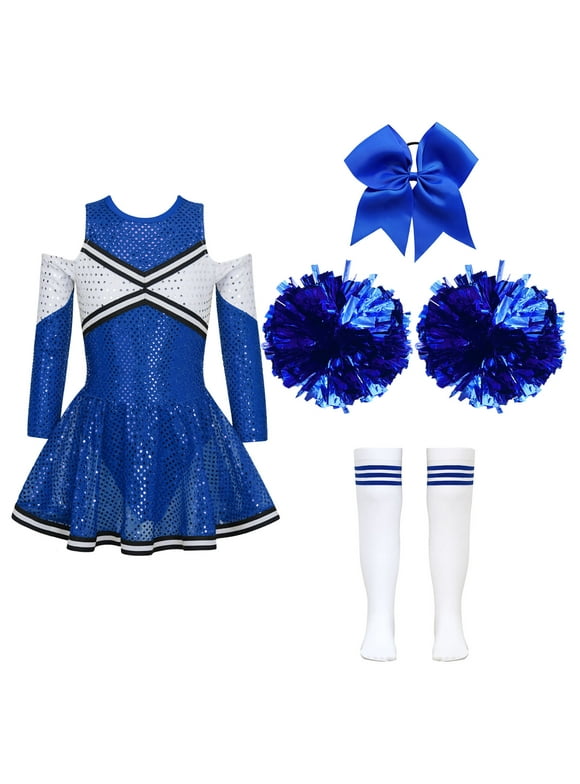 YONGHS Kids Girls Cheerleading Dance 5Pcs Complete Outfits Cheer Leader Uniform Halloween Cosplay Dress Up A Blue 8