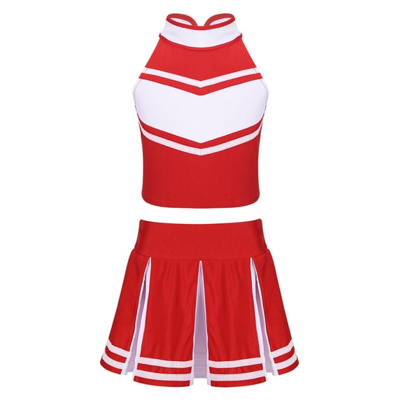 YONGHS Kids Girls Cheerleading Outfit Sleeveless Tops Pleated Skirt Set 6-16 A Red&White 10