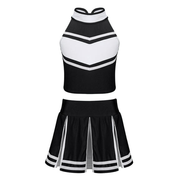 YONGHS Kids Girls Cheerleading Outfit Sleeveless Tops Pleated Skirt Set 6-16 Black 6