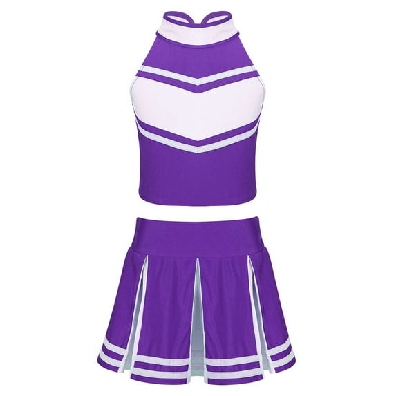 YONGHS Kids Girls Cheerleading Outfit Sleeveless Tops Pleated Skirt Set 6-16 Purple 16